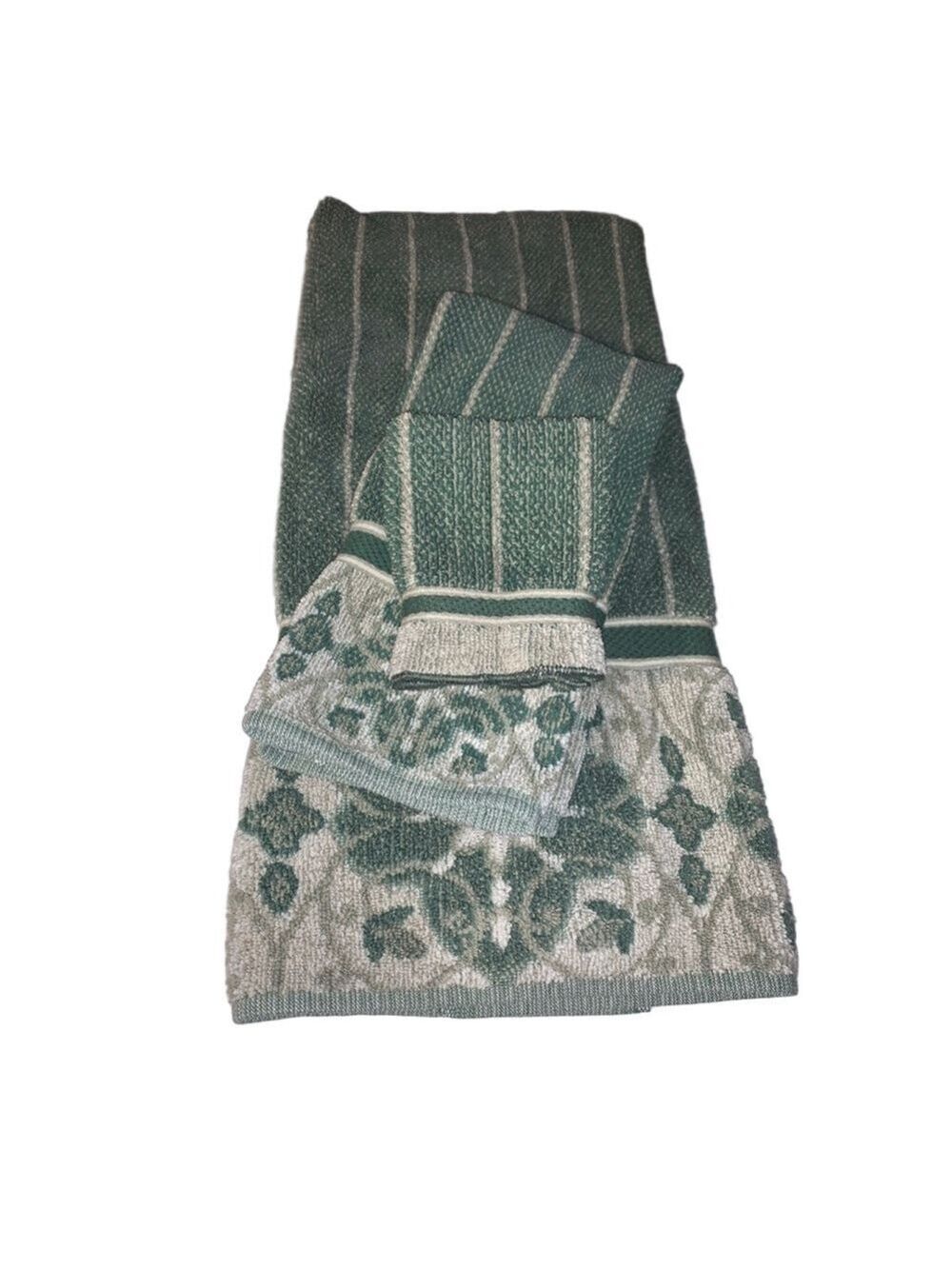 3 piece vintage Royal Velvet by Fieldcrest Green & White Striped Towel set